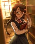  1girl adjusting_eyewear ahoge aopanda bangs bear_hair_ornament book bookshelf braid brown-framed_eyewear brown_eyes brown_hair dress freckles glasses hair_ornament highres holding holding_book idolmaster idolmaster_cinderella_girls indoors long_hair long_sleeves looking_at_viewer name_tag okuyama_saori pinafore_dress schoolgirl_wear_(idolmaster) solo standing sunlight swept_bangs thick_eyebrows twin_braids window 