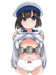  black_hair blue_eyes blue_sailor_collar bob_cut commentary_request daitou_(kantai_collection) depth_charge dress dress_lift grin hat high_ponytail highres kantai_collection looking_at_viewer panties sailor_collar sailor_dress sailor_hat short_hair short_sleeves sidelocks simple_background smile takase_muu underwear white_background white_dress white_headwear white_panties 