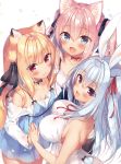  3girls animal_ear_fluff animal_ears bangs bare_shoulders black_ribbon blonde_hair blue_dress blush boku_no_risou_no_isekai_seikatsu breasts bunny_ears cat_ears collarbone commentary_request dress eyebrows_visible_through_hair fang flat_chest fox_ears hair_between_eyes hair_ribbon hands_together large_breasts light_particles long_hair long_sleeves looking_at_viewer multiple_girls neck_ribbon off-shoulder_shirt off_shoulder open_mouth original pink_hair red_ribbon ribbon sazaki_ichiri shirt sidelocks silver_hair simple_background skin_fang small_breasts smile spaghetti_strap twintails upper_body white_background white_shirt 