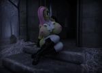  3d_(artwork) anthro areola big_breasts breasts clothing digital_media_(artwork) equid female fluttershy_(mlp) friendship_is_magic hellbridge hi_res legwear mammal my_little_pony night nipples outside sitting solo stairs thigh_highs tombstone 