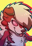  2017 ambiguous_gender anthro black_nose canid canine cheek_tuft ear_markings facial_markings facial_tuft fangs fur hair head_markings hi_res lycanroc mammal markings midnight_lycanroc moonriderx multicolored_body multicolored_fur nintendo pok&eacute;mon pok&eacute;mon_(species) red_body red_eyes red_fur simple_background smile teeth tongue tongue_out tuft video_games watermark white_body white_fur white_hair yellow_background 