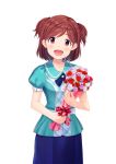  1girl :d aoba_misaki blue_shirt blue_skirt blush bouquet brown_eyes brown_hair flower highres holding holding_bouquet hydro_p idolmaster idolmaster_million_live! idolmaster_million_live!_theater_days looking_at_viewer medium_hair open_mouth shirt short_sleeves simple_background skirt smile solo standing two_side_up white_background 