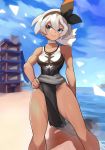  1girl black_hairband blue_eyes bow breasts building closed_mouth collarbone commentary_request cosplay day feet_out_of_frame gen_8_pokemon grey_hair gym_leader hair_between_eyes hairband hand_on_hip highres katwo_1 legendary_pokemon loincloth looking_to_the_side one-piece_swimsuit outdoors pokemon pokemon_(game) pokemon_swsh saitou_(pokemon) short_hair sky solo standing swimsuit urshifu urshifu_(cosplay) water 
