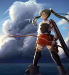  1girl aircraft airplane black_legwear blush bow_(weapon) cloud cloudy_sky day flight_deck green_eyes green_hair hair_between_eyes hair_ribbon hakama hakama_skirt holding holding_bow_(weapon) holding_weapon japanese_clothes kantai_collection long_hair maku_ro muneate ocean red_hakama ribbon short_sleeves sky solo standing standing_on_liquid tasuki thighhighs twintails weapon white_ribbon yumi_(bow) zuikaku_(kantai_collection) 