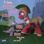  1:1 3d_(artwork) anthro armor big_macintosh_(mlp) cutie_mark dialogue digital_media_(artwork) dragon duo english_text equid equine feral fetlocks freckles friendship_is_magic green_eyes hasbro hi_res horse looking_down looking_up male mammal moorsheadfalling my_little_pony pony purple_body raining red_body sad spike_(mlp) text 