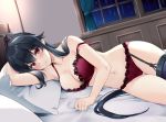  1girl bangs bed black_hair blush bra breasts cleavage collarbone ichinomiya_(blantte) indoors jewelry kantai_collection large_breasts lingerie long_hair looking_at_viewer lying navel off_shoulder on_bed on_side panties pillow ponytail red_bra red_eyes red_panties red_scrunchie ring scrunchie sidelocks single_garter_strap single_thighhigh smile solo thighhighs underwear wedding_band yahagi_(kantai_collection) 