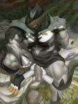  2020 3:4 abs anthro claws clothed clothing clothing_aside disembodied_hand erection genitals hi_res humanoid_genitalia humanoid_penis legendary_pok&eacute;mon loincloth loincloth_aside male mammal muscular muscular_male nintendo nipples pecs penis penis_grab pok&eacute;mon pok&eacute;mon_(species) raccoon21 solo topless topless_male urshifu vein veiny_penis video_games 