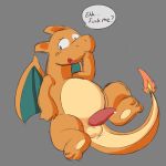  1:1 balls belly big_belly biped blush charizard dialogue digitigrade dragon english_text feral fire genitals hi_res long_tail looking_at_viewer lying male nintendo penis pok&eacute;mon pok&eacute;mon_(species) simple_background slightly_chubby smile smlieichii_(artist) solo tapering_penis text video_games wings 