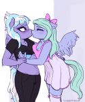  2019 absurd_res against_wall anthro anthro_on_anthro anthrofied assisted_exposure blue_hair bottomwear bra breasts cleavage clothed clothing cloud_chaser_(mlp) dress duo equid equine eyes_closed female female/female flitter_(mlp) friendship_is_magic green_hair hair hi_res incest_(lore) kissing mammal my_little_pony pants pegasus rainbowsprinklesart raised_clothing raised_shirt sibling sister sisters underwear wings 