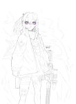  1girl ar-15 character_name copyright_name girls_frontline greyscale gun highres jacket looking_at_viewer mask mask_around_neck monochrome purple_eyes rifle sidelocks signature sketch st_ar-15_(girls_frontline) warfakaid weapon work_in_progress 