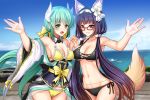  2girls :d animal_ears aqua_hair armpits bangs beach bikini black_bikini black_hair blue_sky blush bow breasts brown_eyes cleavage cowboy_shot day dragon_girl dragon_horns fate/grand_order fate_(series) flower fox_ears fox_girl fox_tail frilled_bikini frills hair_bow hair_flower hair_ornament hairband highres horns interlocked_fingers kiyohime_(fate/grand_order) kiyohime_(swimsuit_lancer)_(fate) large_breasts long_hair looking_at_viewer low_twintails multiple_girls multiple_horns open_mouth osakabe-hime_(fate/grand_order) outdoors pom_poms red-framed_eyewear sky smile swimsuit tail twintails very_long_hair wide_sleeves yellow_bikini yellow_bow yellow_eyes youshuu 