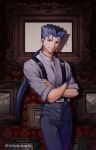  1boy absurdres alternate_costume artist_name blue_hair crossed_arms cu_chulainn_(fate)_(all) cu_chulainn_(fate/grand_order) earrings fate/grand_order fate/stay_night fate_(series) formal frame framed_image highres jewelry lancer light long_hair looking_at_viewer male_focus moto_(otemoto02) open_clothes open_shirt pants ponytail red_eyes shadow smile solo strap upper_body 