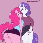  1:1 2020 absurd_res anthro anthrofied bottomwear butt clothed clothing duo equid equine female flashing friendship_is_magic front_view genitals hair hasbro hi_res horn horse mammal my_little_pony no_underwear pink_body pink_hair pinkie_pie_(mlp) pony purple_hair pussy rainbowsprinklesart rarity_(mlp) rear_view skirt unicorn upskirt white_body 