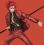  1boy alternate_costume bangs belt black_shirt fate/extra fate/grand_order fate_(series) fighting_stance highres holding li_shuwen_(fate) long_sleeves looking_to_the_side male_focus necktie pants polearm ponytail red_background red_hair red_pants shiny shiny_hair shirt smile solo sora_yoshitake_yuda upper_body weapon yellow_neckwear 