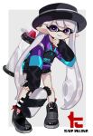  1girl bangs black_footwear black_headwear black_shorts blunt_bangs boater_hat dolphin_shorts domino_mask ear_piercing earrings eyebrows_visible_through_hair grey_background grey_hair hand_on_own_chin holding holding_weapon ink_tank_(splatoon) inkling inkling_(language) jacket jewelry leaning_forward logo long_hair long_sleeves looking_at_viewer maco_spl mask multicolored multicolored_clothes multicolored_jacket no_socks outside_border parted_lips piercing pointy_ears purple_eyes shoes short_shorts shorts smile sneakers solo sparkle splatoon_(series) splatoon_2 splattershot_(splatoon) standing tentacle_hair very_long_hair weapon zipper 