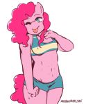  2019 abs absurd_res anthro anthrofied blue_eyes bottomwear breasts clothed clothing crop_top equid equine female friendship_is_magic hair happy hi_res horse mammal muscular muscular_female my_little_pony nipple_outline one_eye_closed pink_body pink_hair pinkie_pie_(mlp) pony portrait rainbowsprinklesart shirt shorts smile solo three-quarter_portrait tongue tongue_out topwear wink 