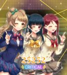  3girls cowboy_shot english_text gameplay_mechanics haruming highres index_finger_raised love_live! love_live!_school_idol_festival_all_stars love_live!_school_idol_project love_live!_sunshine!! minami_kotori multiple_girls otonokizaka_school_uniform pose sakurauchi_riko school_uniform sparkle tsushima_yoshiko uranohoshi_school_uniform 