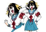  absurdres black_hair blue_skirt fujita_(umeeda_fuji) hairband hand_in_hair highres kita_high_school_uniform school_uniform serafuku skirt suzumiya_haruhi suzumiya_haruhi_no_yuuutsu 