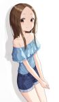  1girl bare_arms bare_legs bare_shoulders blue_shirt blue_shorts blush brown_eyes brown_hair collarbone denim denim_shorts flat_chest forehead hands_together karakai_jouzu_no_takagi-san layered_shirt medium_hair off-shoulder_shirt off_shoulder seonrang shadow shirt short_sleeves shorts smile solo standing strapless_shirt takagi-san 