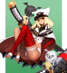  1girl bandaged_arm bandaged_leg bandages bangs belt black_belt blonde_hair breasts buttons cape dark_skin guilty_gear guilty_gear_strive hair_between_eyes hat highres long_hair looking_at_viewer medium_breasts notte ramlethal_valentine shirt short_shorts shorts sleeveless sleeveless_shirt solo thigh_strap white_cape white_headwear white_shirt white_shorts yellow_eyes 