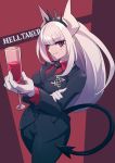  1girl alcohol arm_under_breasts bangs black_jacket breasts chingisu collared_shirt crossed_arms crown cup demon_girl demon_horns demon_tail drinking_glass eyebrows_visible_through_hair formal gloves helltaker holding holding_cup horns jacket long_hair long_sleeves looking_at_viewer lucifer_(helltaker) medium_breasts mole mole_under_eye necktie red_eyes red_shirt shirt simple_background smile solo suit tail tsurime white_gloves white_hair wine wine_glass 