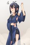  1girl antenna_hair black_hair blue_eyes blush commentary highres kis_sako original ponytail short_shorts shorts simple_background solo torn_clothes wide_sleeves 