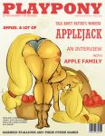  anthro apple applejack_(mlp) bent_over big_butt bottomwear breasts butt clothed clothing cover english_text equid female food friendship_is_magic fruit hi_res longtailshort magazine_cover mammal my_little_pony plant shorts solo text topless 