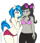  2019 absurd_res anthro anthro_on_anthro anthrofied black_hair blue_hair bottomwear bra breasts cleavage clothed clothing duo equid equine eyewear female female/female friendship_is_magic grin hair happy hi_res horn horse mammal my_little_pony octavia_(mlp) pants pony rainbowsprinklesart shorts smile sunglasses topless underwear unicorn vinyl_scratch_(mlp) 
