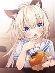  1girl animal_ear_fluff animal_ears bangs blade_&amp;_soul blonde_hair blue_eyes blurry blurry_background blush cat_ears cat_girl cat_tail commentary_request depth_of_field eyebrows_visible_through_hair fangs food food_on_face hair_between_eyes hamburger head_tilt holding holding_food long_hair looking_at_viewer ponytail sailor_collar school_uniform serafuku shirt short_sleeves solo tail tail_raised tongue tongue_out tsuka upper_body white_sailor_collar white_shirt 