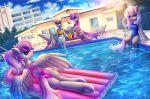  absurd_res atlas-66 bikini butt clothing cutie_mark detailed_background equid equine female feral group hasbro hi_res horn inflatable looking_back mammal my_little_pony one-piece_swimsuit outside pegasus red_eyes sitting swimming_pool swimwear tail_aside unicorn water wings 