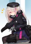  1girl absurdres aoiro_(t_aoiro123) assault_rifle beret black_headwear black_legwear black_skirt desert_tech_mdr eyebrows_visible_through_hair eyes_visible_through_hair girls_frontline gloves grin gun hat highres holding holding_gun holding_weapon long_sleeves looking_at_viewer mdr_(girls_frontline) miniskirt multicolored_hair pantyhose pink_eyes pink_hair pleated_skirt rifle silver_hair skirt smile solo streaked_hair thigh_strap trigger_discipline two-tone_hair weapon white_gloves 