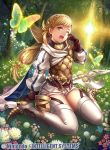  1girl arm_support armor bangs blonde_hair boots braid bug butterfly cape commentary_request company_name copyright_name eyebrows_visible_through_hair fire_emblem fire_emblem_cipher fire_emblem_heroes flower forest full_body fumi_(butakotai) gloves gradient gradient_hair hand_up high_heels insect long_hair low-tied_long_hair multicolored_hair nature official_art one_eye_closed pink_hair polearm sharena shorts simple_background sitting solo sparkle spear striped thigh_boots thighhighs tied_hair tree vertical_stripes wariza weapon 