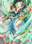  1girl bangs bare_shoulders blue_sky bracelet breasts cloud cloudy_sky collarbone commentary_request company_connection company_name copyright_name day detached_collar dress earrings fire_emblem fire_emblem:_the_blazing_blade fire_emblem_cipher green_eyes green_hair hair_ornament holding holding_sword holding_weapon jewelry kita_senri long_hair looking_at_viewer lyn_(fire_emblem) medium_breasts official_art open_mouth petals ponytail puffy_sleeves sheath side_slit simple_background sky smile solo strapless strapless_dress sword thighs tiara tied_hair weapon 