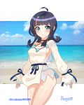  1girl absurdres bangs bare_shoulders beach black_hair blue_eyes blue_ribbon blue_sky blush breasts collarbone dress fate/grand_order fate/requiem fate_(series) fundoshi highres japanese_clothes jewelry long_sleeves looking_at_viewer magatama magatama_hair_ornament medium_breasts medium_hair multicolored_hair necklace ocean open_mouth pelvic_curtain pink_hair puffy_long_sleeves puffy_sleeves rappe92 ribbon short_dress sideboob sideless_outfit sky streaked_hair thighs utsumi_erise white_dress 
