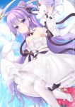  1girl azur_lane bangs bare_shoulders blue_sky bouquet breasts chinese_commentary cleavage closed_mouth cloud collarbone commentary_request detached_sleeves dress eyebrows_visible_through_hair flower hair_bun hair_flower hair_ornament hair_ribbon high_heels highres kuaua long_hair long_sleeves pantyhose puffy_long_sleeves puffy_sleeves purple_eyes purple_hair purple_ribbon ribbon rose sash side_bun sidelocks sky small_breasts smile solo stuffed_alicorn unicorn_(a_dream_of_pure_vows)_(azur_lane) unicorn_(azur_lane) very_long_hair wedding_dress white_dress white_footwear white_legwear 