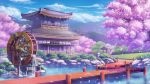  absurdres architecture blue_sky bridge building bush cherry_blossoms cloud day east_asian_architecture highres kuroneko_(hmilk) mountainous_horizon no_humans original outdoors path petals pond rock scenery sky tree water watermill 