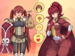  2girls ? anna_(fire_emblem) artist_name bag bare_shoulders belt belt_buckle blush breasts buckle cape chikaretsu cleavage commission cowboy_shot detached_sleeves english_text eyebrows_visible_through_hair fingerless_gloves fire_emblem fire_emblem_awakening gloves hair_between_eyes heart looking_at_viewer medium_breasts multiple_girls one_eye_closed open_mouth orange_background pants ponytail prostitution red_eyes red_hair severa_(fire_emblem) simple_background smile speech_bubble spoken_blush spoken_heart teeth tongue twintails twitter_username watermark 