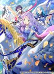  3girls aqua_eyes aqua_hair armor bangs belt blue_hair blue_sky breastplate circlet closed_mouth cloud cloudy_sky commentary_request company_connection company_name copyright_name day farina_(fire_emblem) fiora_(fire_emblem) fire_emblem fire_emblem:_the_blazing_blade fire_emblem_cipher florina_(fire_emblem) hair_ornament holding holding_weapon horseback_riding lavender_hair long_hair multiple_girls official_art open_mouth outdoors pegasus pegasus_knight petals polearm riding short_hair shoulder_armor shoulder_pads sky smile spear tobi_(kotetsu) weapon wings 