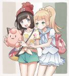  2girls :d bag bangs beanie black_hair blonde_hair blue_eyes blush braid character_doll clefairy closed_mouth collarbone commentary_request gen_1_pokemon green_eyes hat highres holding kazuru_wa lillie_(pokemon) long_hair looking_at_another medium_hair mizuki_(pokemon) multiple_girls open_mouth pleated_skirt pokemon pokemon_(game) pokemon_sm red_headwear shirt short_sleeves shorts skirt smile teeth tied_shirt tongue 