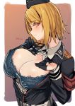  1girl absurdres akitaka_takaaki alternate_breast_size blonde_hair blush breasts girls_frontline highres huge_breasts looking_at_viewer looking_to_the_side mp40_(girls_frontline) short_hair solo unbuttoned unbuttoned_shirt yellow_eyes 