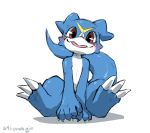  blue_body blush claws digimon digimon_(species) horn kurogin male markings open_mouth red_eyes solo veemon yellow_markings 