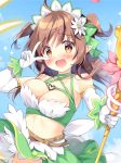  1girl bangs bare_shoulders blush bow breasts brown_eyes brown_hair cleavage commentary_request day elbow_gloves eyebrows_visible_through_hair flower gloves green_bow green_skirt hair_bow hair_flower hair_ornament hand_up heart heart_ring holding holding_staff kokoa-chan_(pan_(mimi)) long_hair medium_breasts midriff original outdoors pan_(mimi) skirt solo sparkle staff two_side_up v_over_eye white_flower white_gloves 