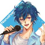  1boy :d argonavis_from_bang_dream! bang_dream! blue_hair blue_jacket blush character_name collared_jacket haen_(wlyea) holding holding_microphone jacket male_focus microphone nanahoshi_ren open_mouth purple_eyes smile upper_body 