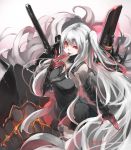  1girl aircraft_carrier_hime akicosmossakasa bangs black_dress breasts cannon cleavage dress finger_to_tongue hair_between_eyes highres kantai_collection long_hair pale_skin red_eyes shinkaisei-kan side_ponytail solo tongue tongue_out very_long_hair white_hair white_skin 