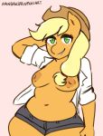  2019 anthro anthrofied applejack_(mlp) blonde_hair bottomwear breasts clothed clothing curvy_figure equid equine female friendship_is_magic green_eyes grin hair hand_behind_head happy hat headgear headwear hi_res horse inverted_nipples looking_at_viewer mammal my_little_pony navel nipples open_shirt pony rainbowsprinklesart shirt shorts slightly_chubby smile solo topwear 