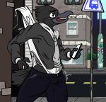  anthro avian bird blush bottomwear briefs bulge cigarette city clothing genital_torture hi_res humiliation jeans male mysticfluff open_mouth pain pants public solo stretching tighty_whities tobacco_crow topwear underwear wedgie white_clothing white_underwear 