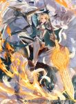  1girl armor blonde_hair cape closed_mouth company_name copyright_name feathers fire_emblem fire_emblem:_three_houses fire_emblem_cipher gloves green_cape green_eyes holding ingrid_brandl_galatea mayo_(becky2006) official_art pegasus pegasus_knight polearm riding solo_focus weapon 