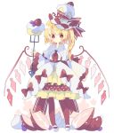  1girl blonde_hair bow cake crystal flandre_scarlet food fork fruit full_body highres holding holding_fork laevatein layered_skirt long_hair long_sleeves looking_at_viewer nikorashi-ka pantyhose red_bow red_eyes red_legwear red_neckwear shirt side_ponytail simple_background skirt solo strawberry strawberry_shortcake symbol_commentary touhou whipped_cream white_background white_footwear white_shirt wide_sleeves wings yellow_skirt 