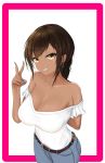  1girl absurdres alternate_costume alternate_hairstyle anchor_earrings azur_lane black_hair blue_nails blue_pants border breasts cleavage cowboy_shot dark_skin geography_0 highres large_breasts native_american off-shoulder_shirt off_shoulder pants pink_border shirt south_dakota_(azur_lane) striped_nails white_background white_shirt yellow_eyes 