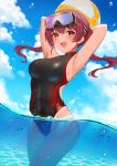  1girl :d armpits arms_behind_head arms_up ball bangs bare_shoulders beachball blue_sky blush breasts caustics cloud competition_swimsuit day eyebrows_visible_through_hair fukuro_ko_(greentea) hair_ribbon heterochromia highleg highleg_swimsuit highres holding hololive houshou_marine large_breasts long_hair looking_at_viewer one-piece_swimsuit one-piece_tan open_mouth outdoors partially_underwater_shot red_eyes red_hair ribbon sky smile solo swimsuit tan tanline thighs twintails virtual_youtuber wading water wet yellow_eyes 